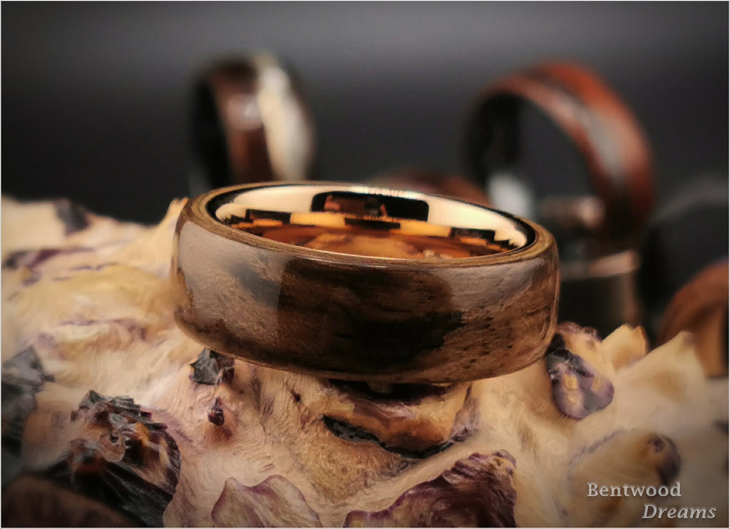 Bentwood Ring: Rustic French Walnut, Rose Gold Tungsten Carbide core, wood ring
