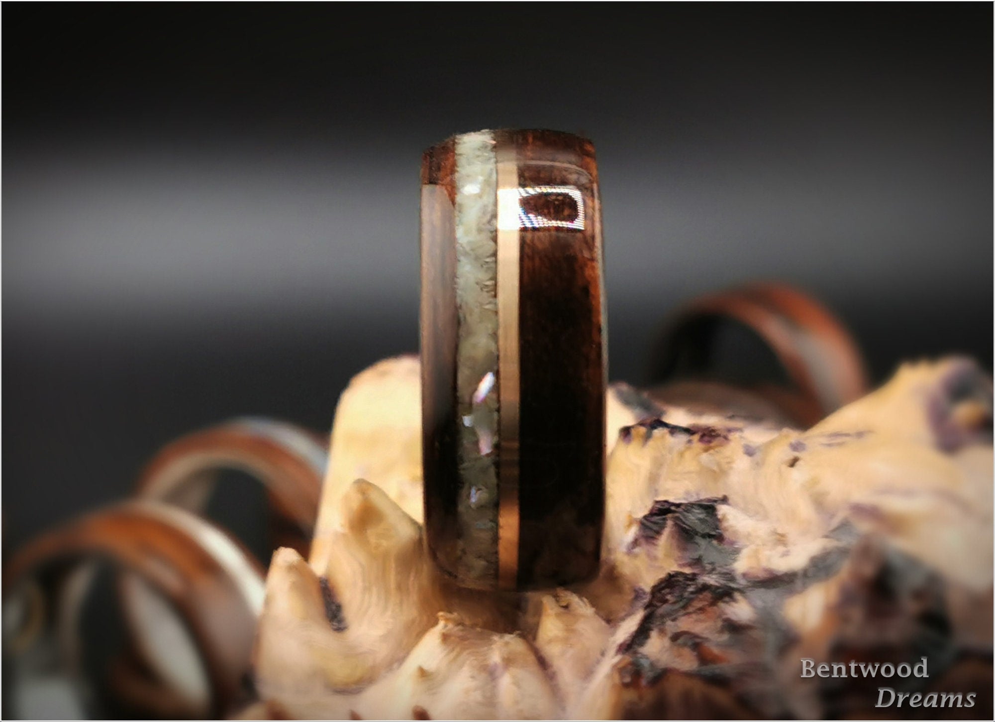 Bentwood Ring: Smoked Etimoe, inlaid Bronze Wire and Japanese Abalone, Black Ceramic core