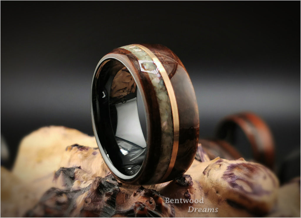 Bentwood Ring: Smoked Etimoe, inlaid Bronze Wire and Japanese Abalone, Black Ceramic core