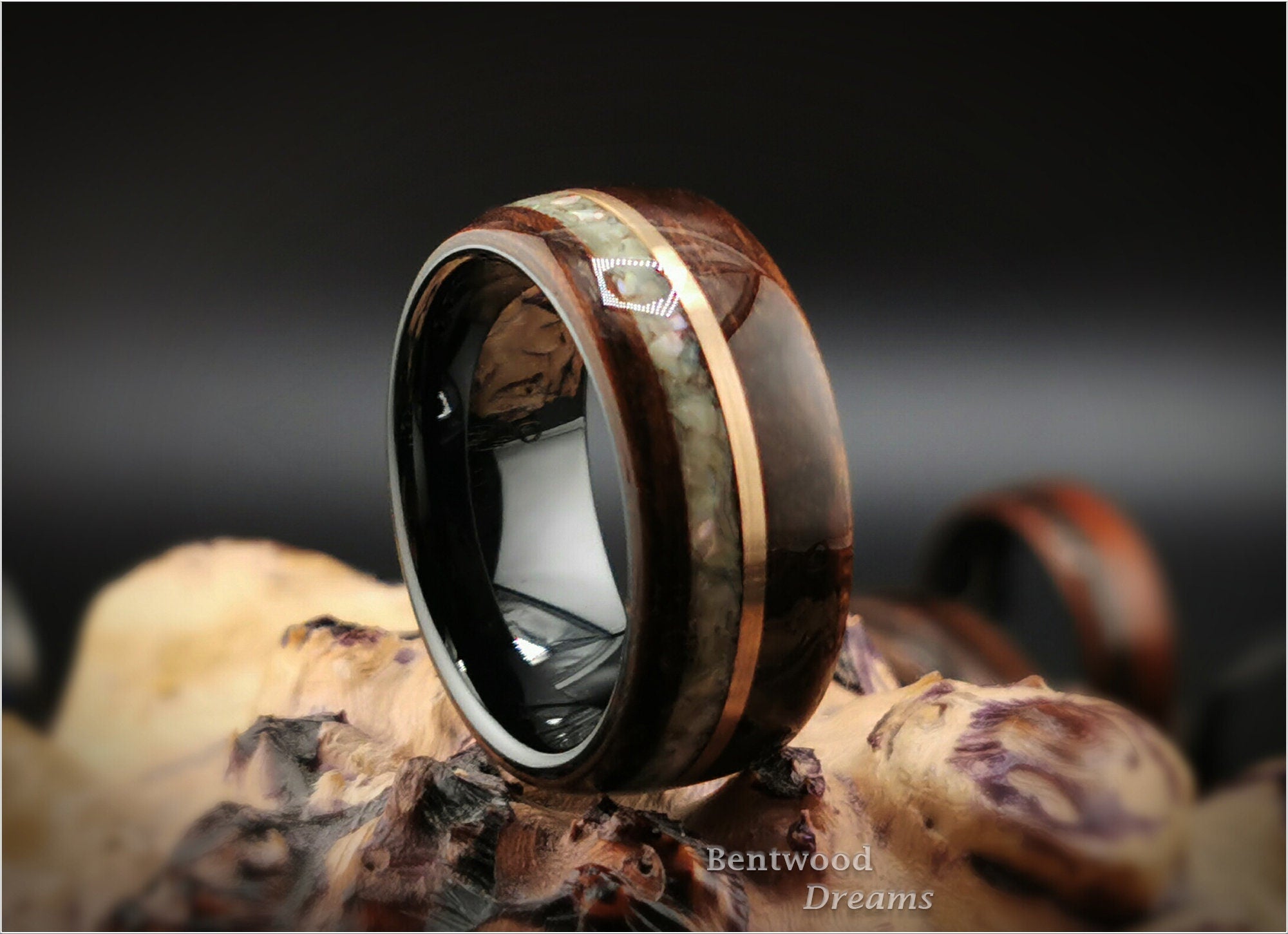 Bentwood Ring: Smoked Etimoe, inlaid Bronze Wire and Japanese Abalone, Black Ceramic core