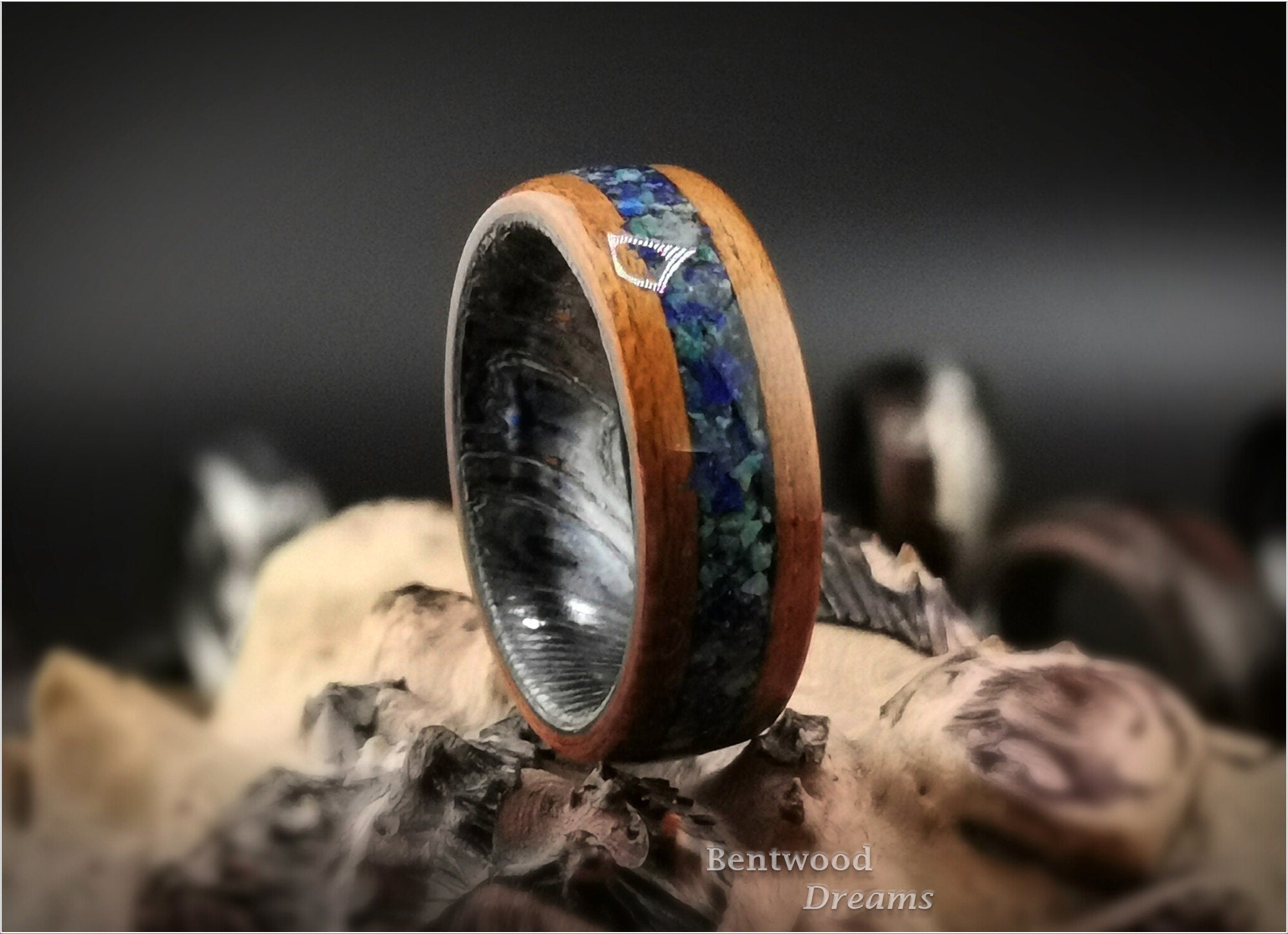 Bentwood Ring: Etimoe, inlaid  Azurite, Zircuti core, wood ring