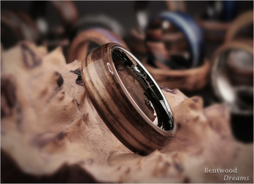 Bentwood Ring: Zebrano, polished White Tungsten core