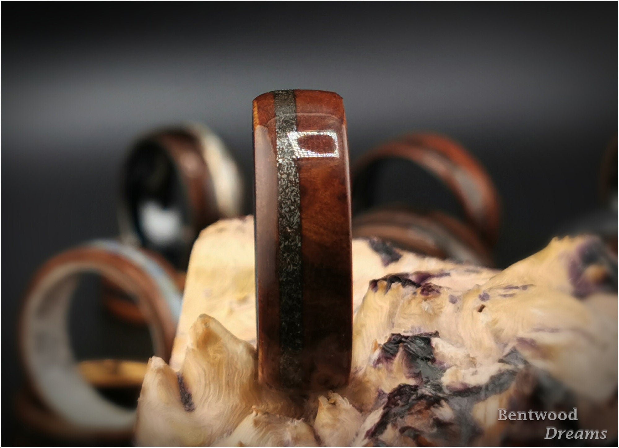 Bentwood Ring: Camphor Burl, offset inlaid Seymchan Meteorite, Blue Box Elder core, wood ring