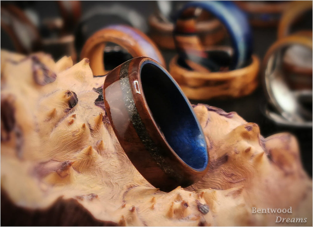 Bentwood Ring: Camphor Burl, offset inlaid Seymchan Meteorite, Blue Box Elder core, wood ring