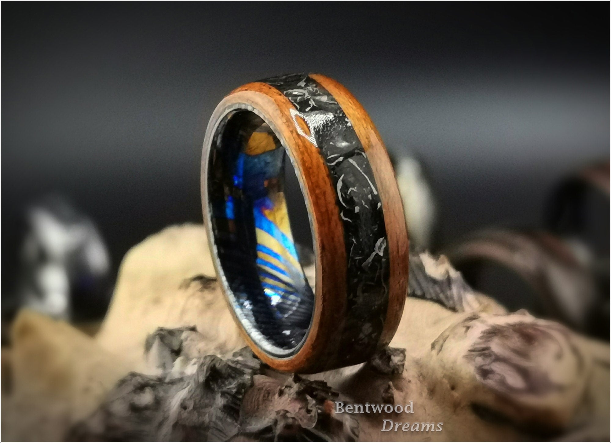 Bentwood Ring: Figured Etimoe, inlaid Aletai Meteorite, Timascus core - wood ring