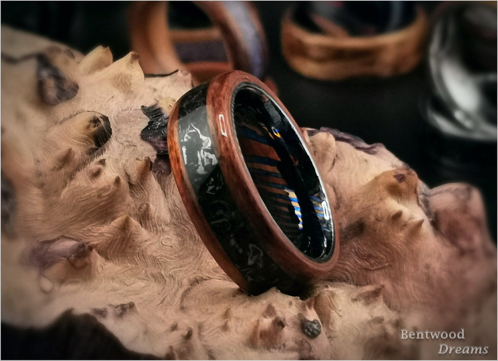 Bentwood Ring: Figured Etimoe, inlaid Aletai Meteorite, Timascus core - wood ring