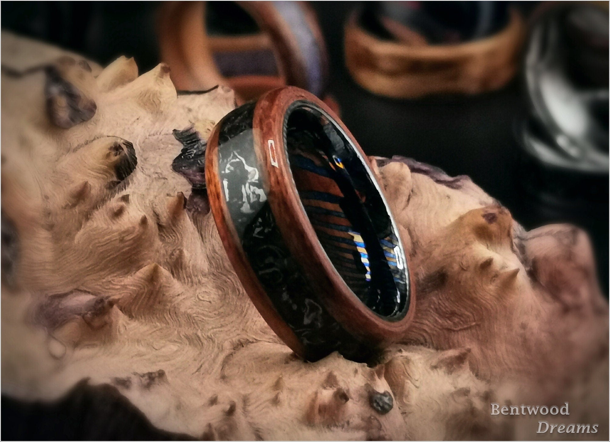Bentwood Ring: Figured Etimoe, inlaid Aletai Meteorite, Timascus core - wood ring
