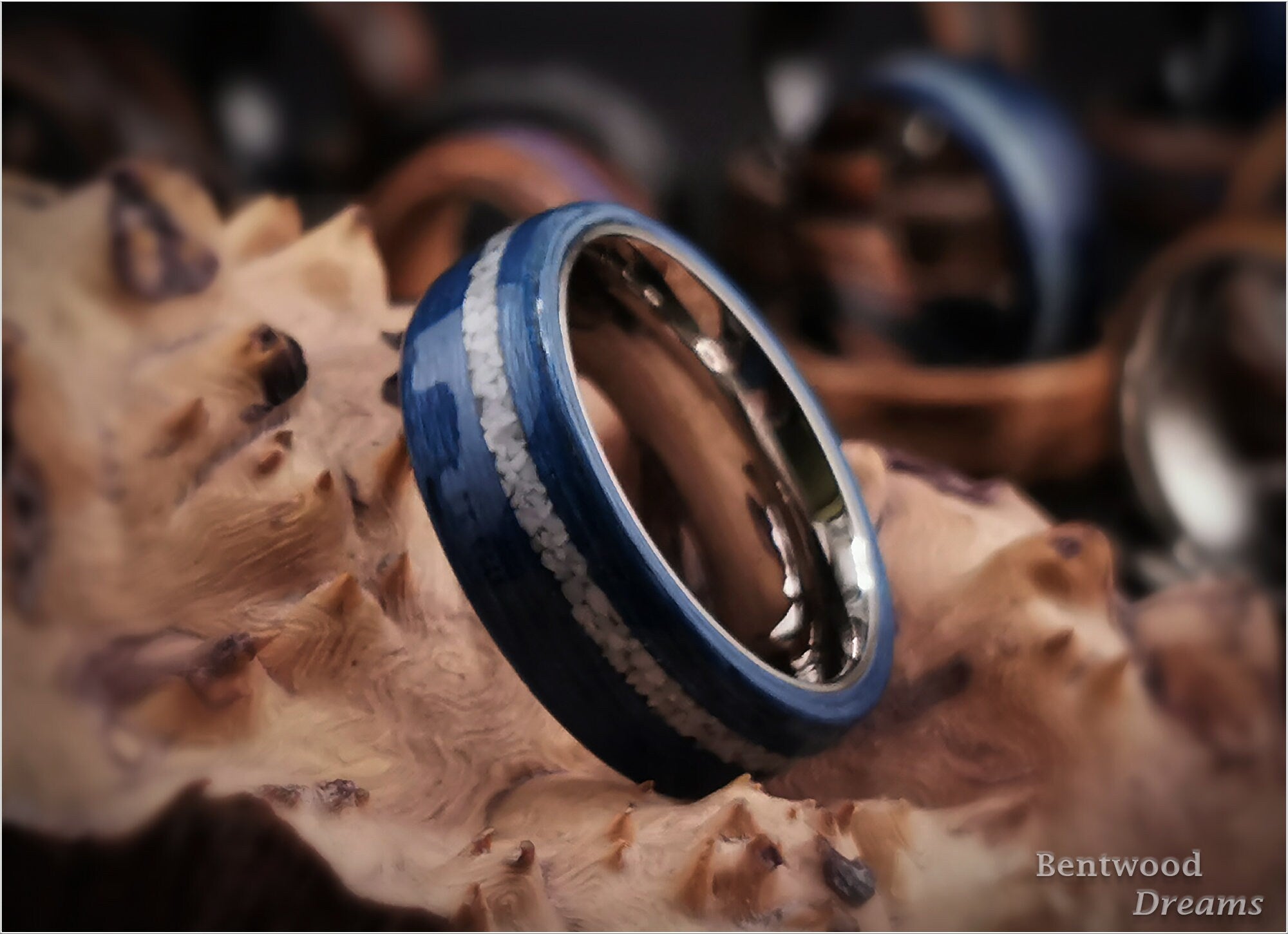Bentwood Ring: Deep Blue Koto, offset inlaid Howlite, Titanium core, wood ring