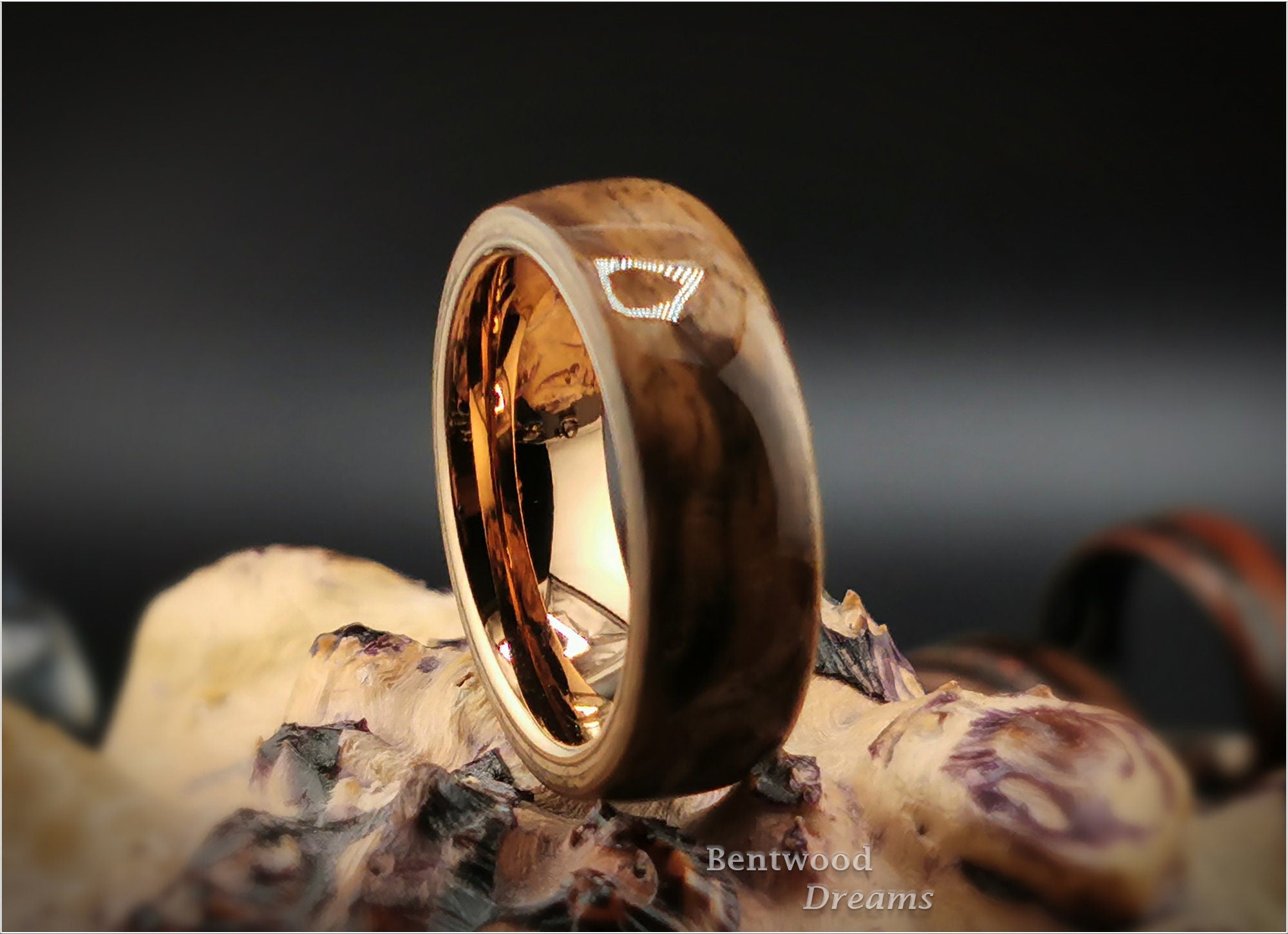 Bentwood Ring: Rustic French Walnut, Rose Gold Tungsten Carbide core, wood ring