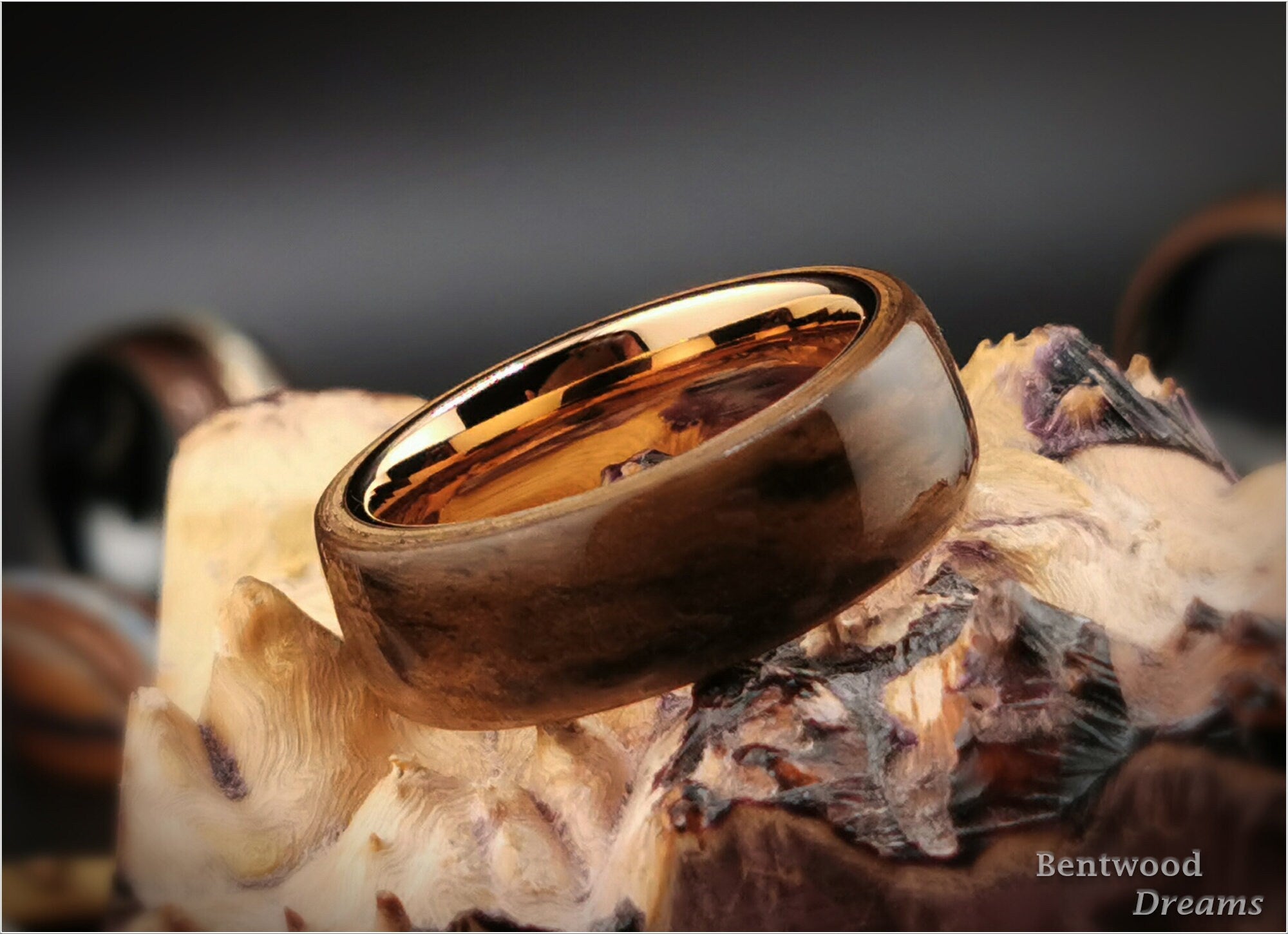 Bentwood Ring: Rustic French Walnut, Rose Gold Tungsten Carbide core, wood ring