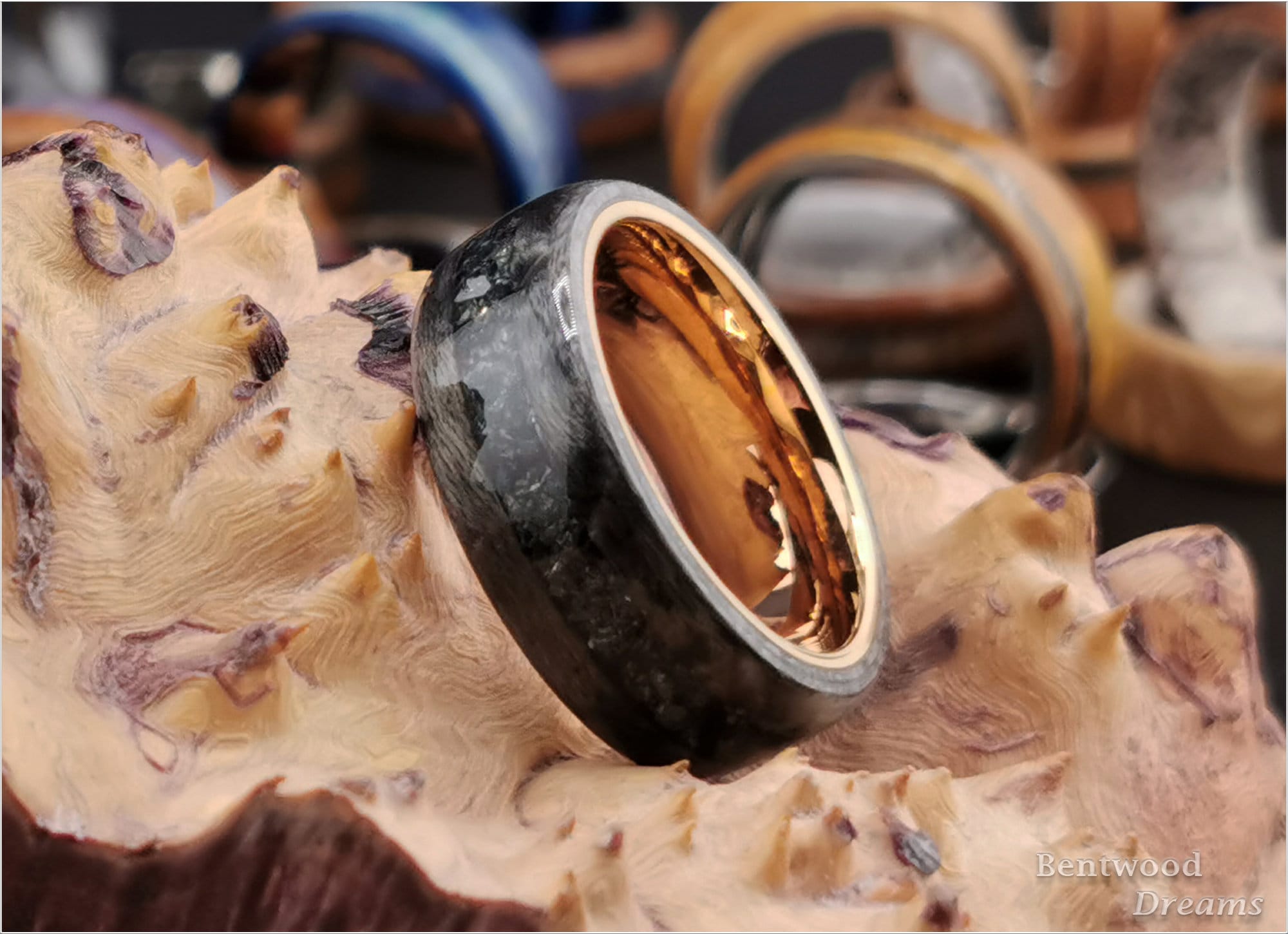 Bentwood Ring: Grey Birdseye Maple, inlaid Carborundum, Polished Black Ceramic core, wood ring