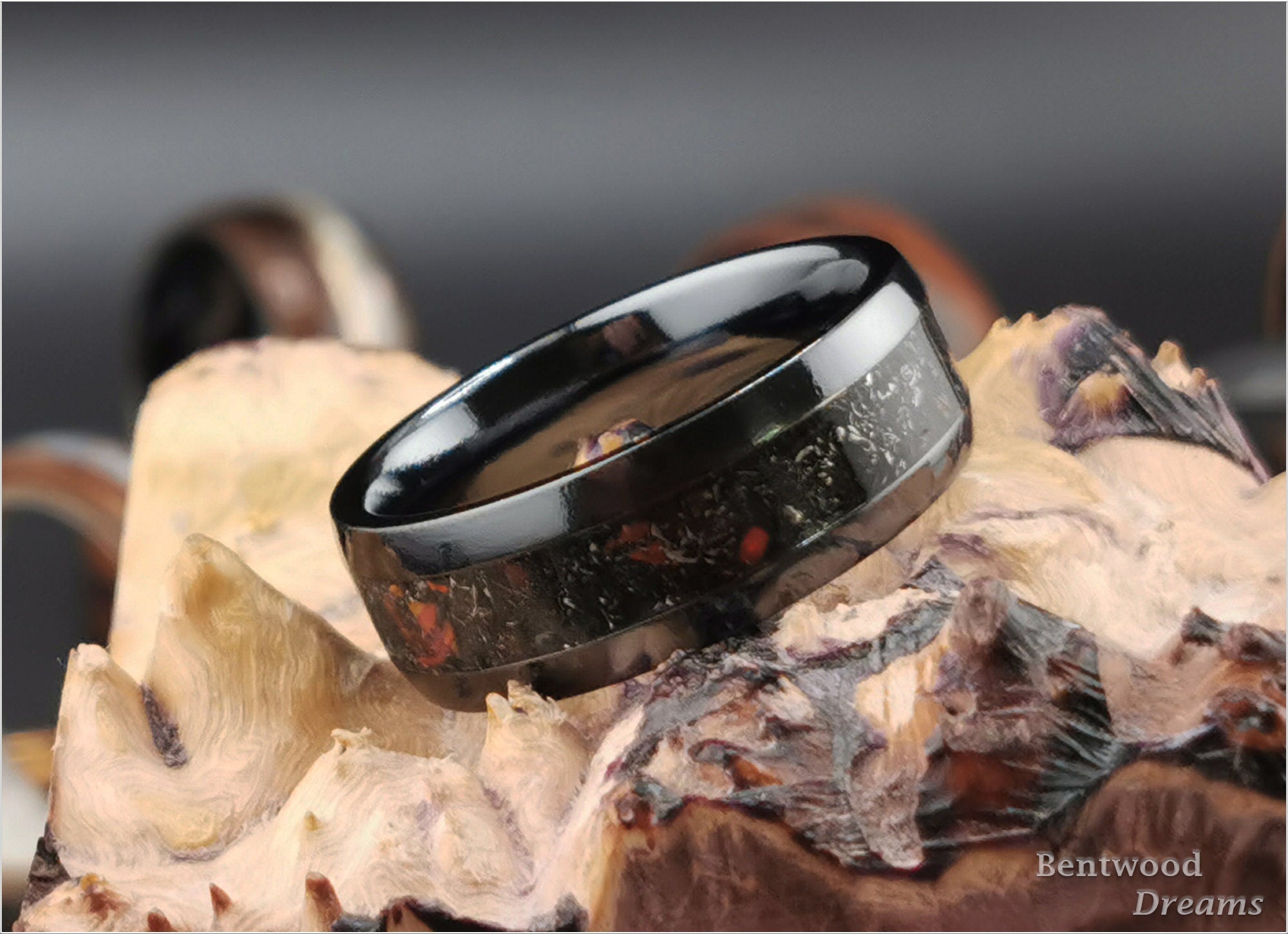 Black Titanium Ring, Campo del Cielo Meteorite and Lab Opal Inlay