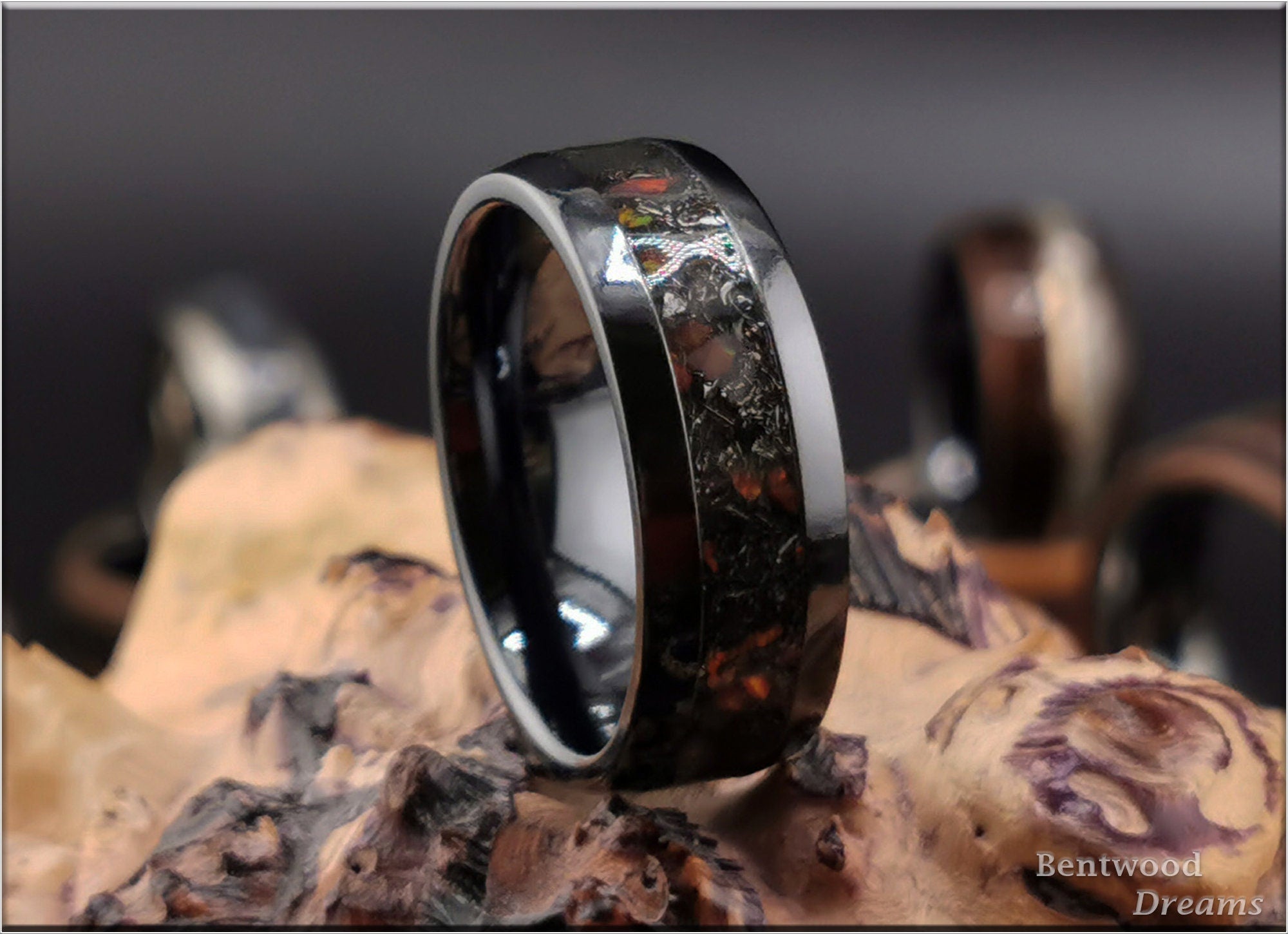 Black Titanium Ring, Campo del Cielo Meteorite and Lab Opal Inlay