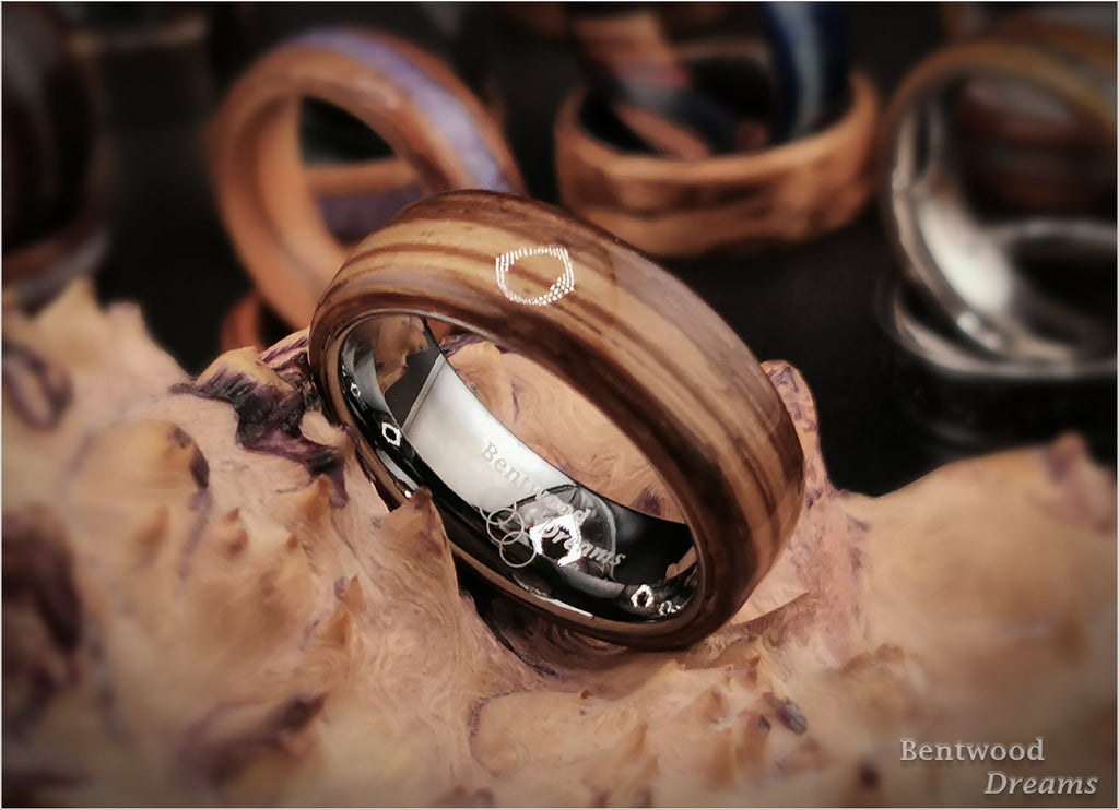 Bentwood Ring: Zebrano, polished White Tungsten core