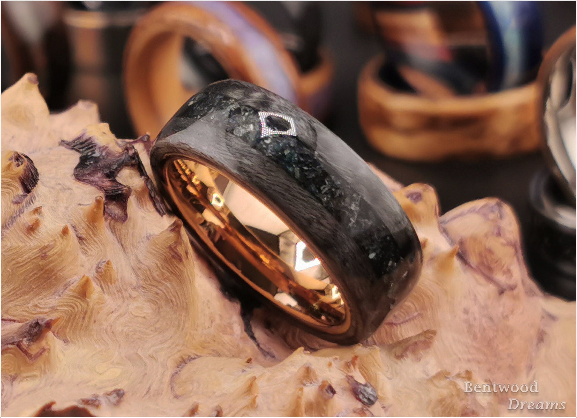 Bentwood Ring: Grey Birdseye Maple, inlaid Carborundum, Polished Black Ceramic core, wood ring
