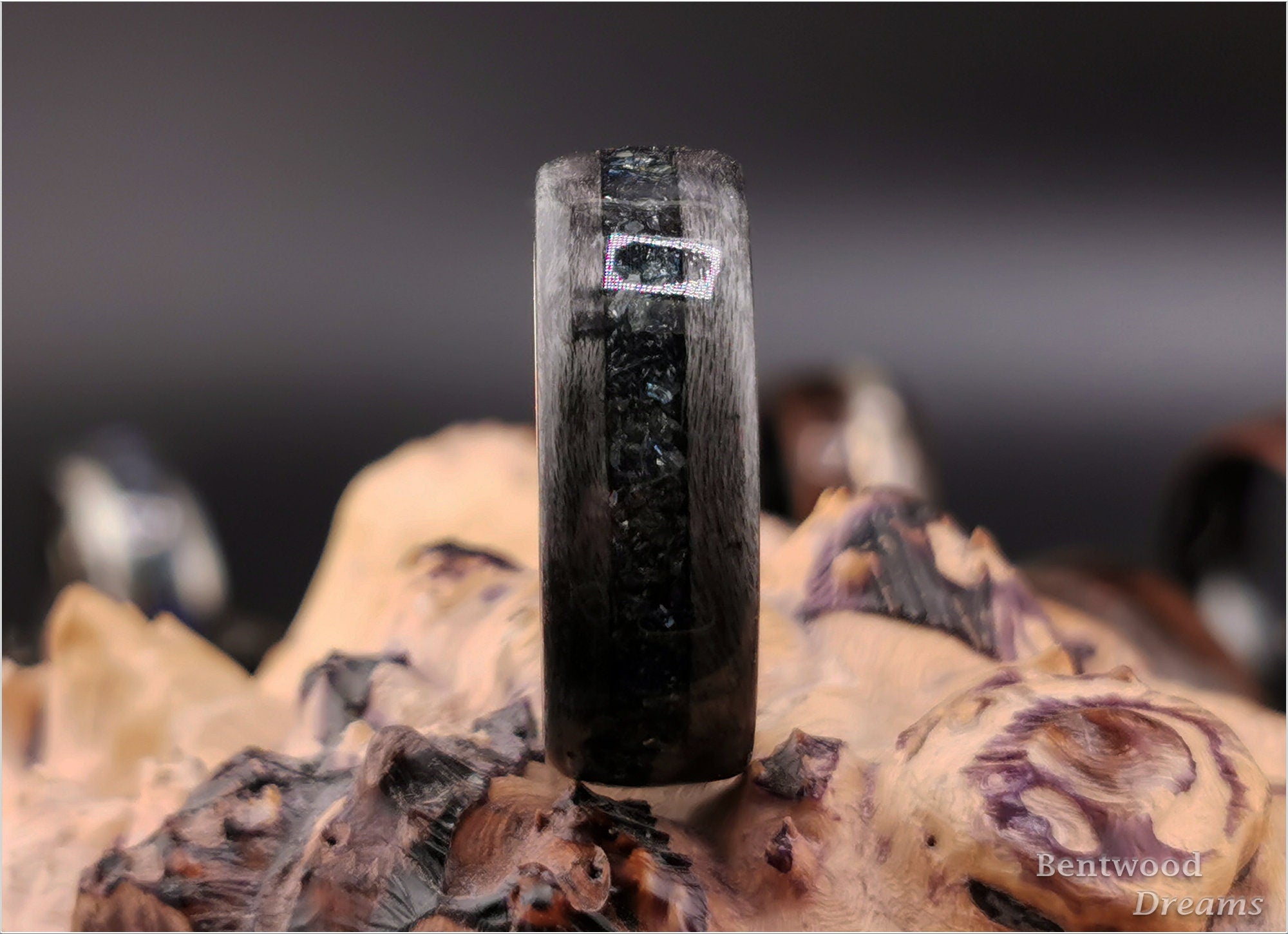 Bentwood Ring: Grey Birdseye Maple, inlaid Carborundum, Polished Black Ceramic core, wood ring