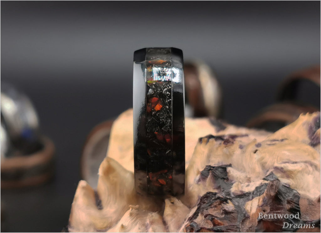 Black Titanium Ring, Campo del Cielo Meteorite and Lab Opal Inlay