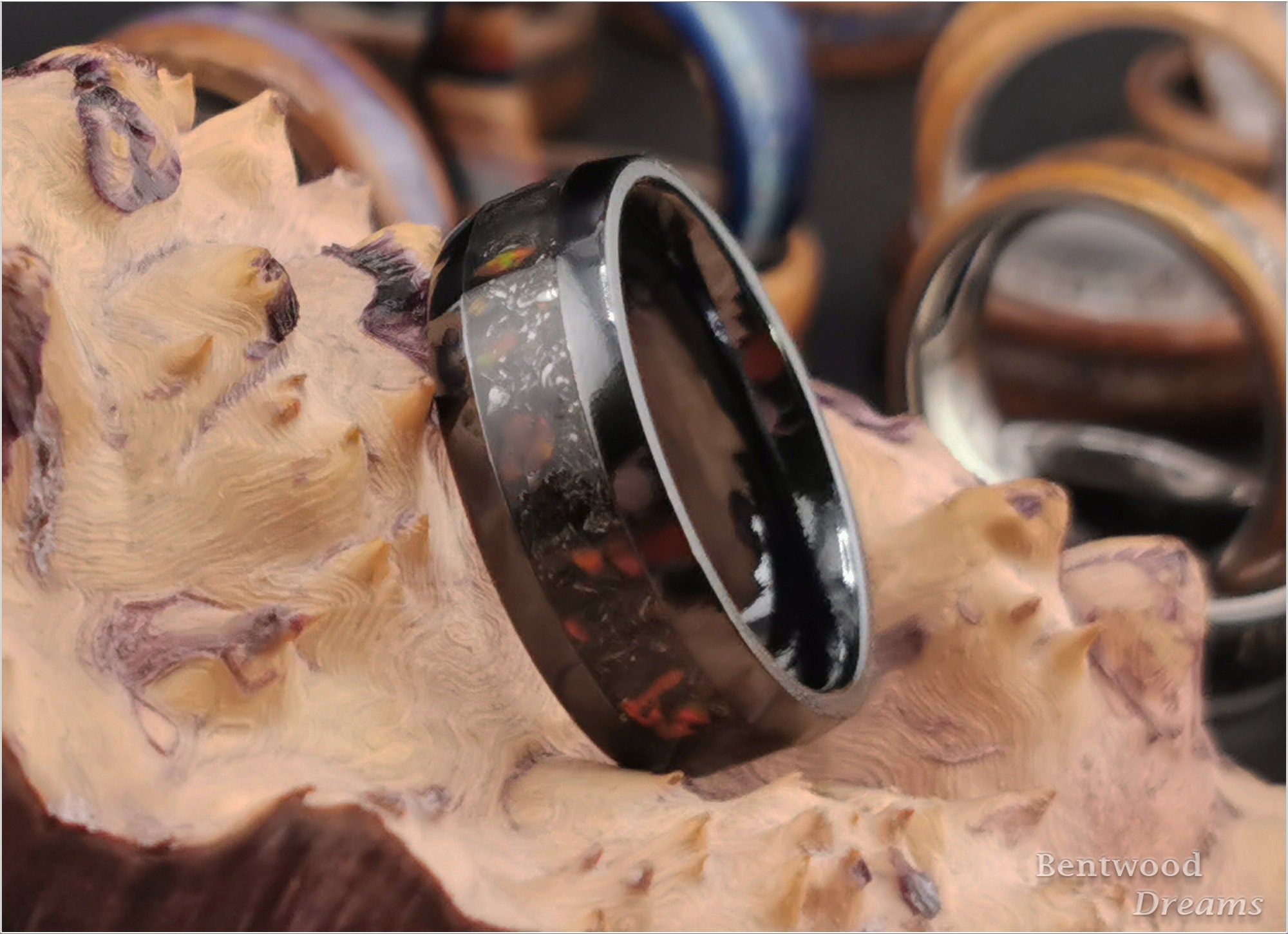 Black Titanium Ring, Campo del Cielo Meteorite and Lab Opal Inlay