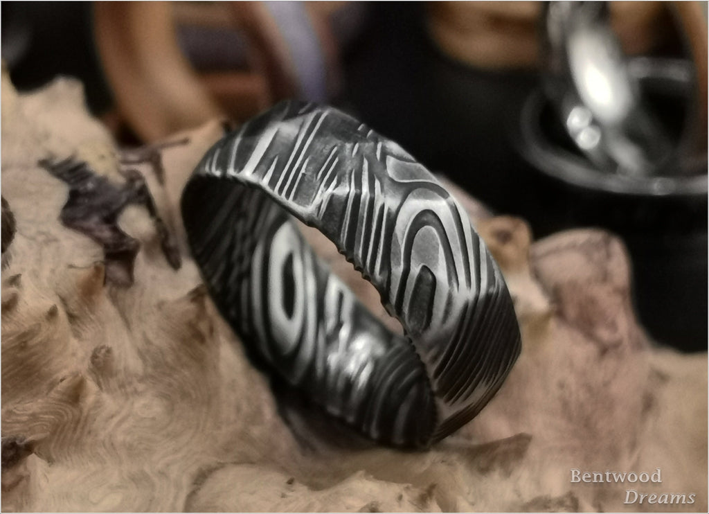 Hammered Black Damascus Steel Ring