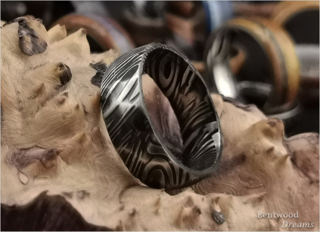 Hammered Black Damascus Steel Ring