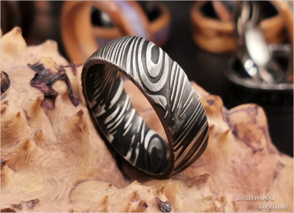 Black Damascus Steel Ring - metal ring