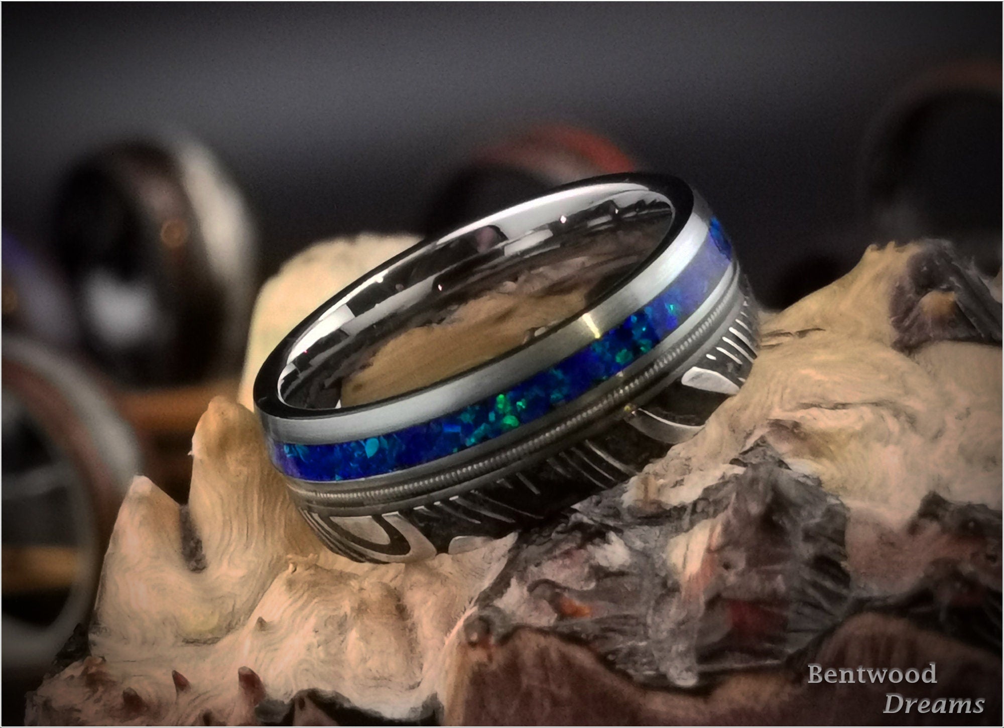 Black Damascus Steel Ring, inlaid Guitar String and Opal