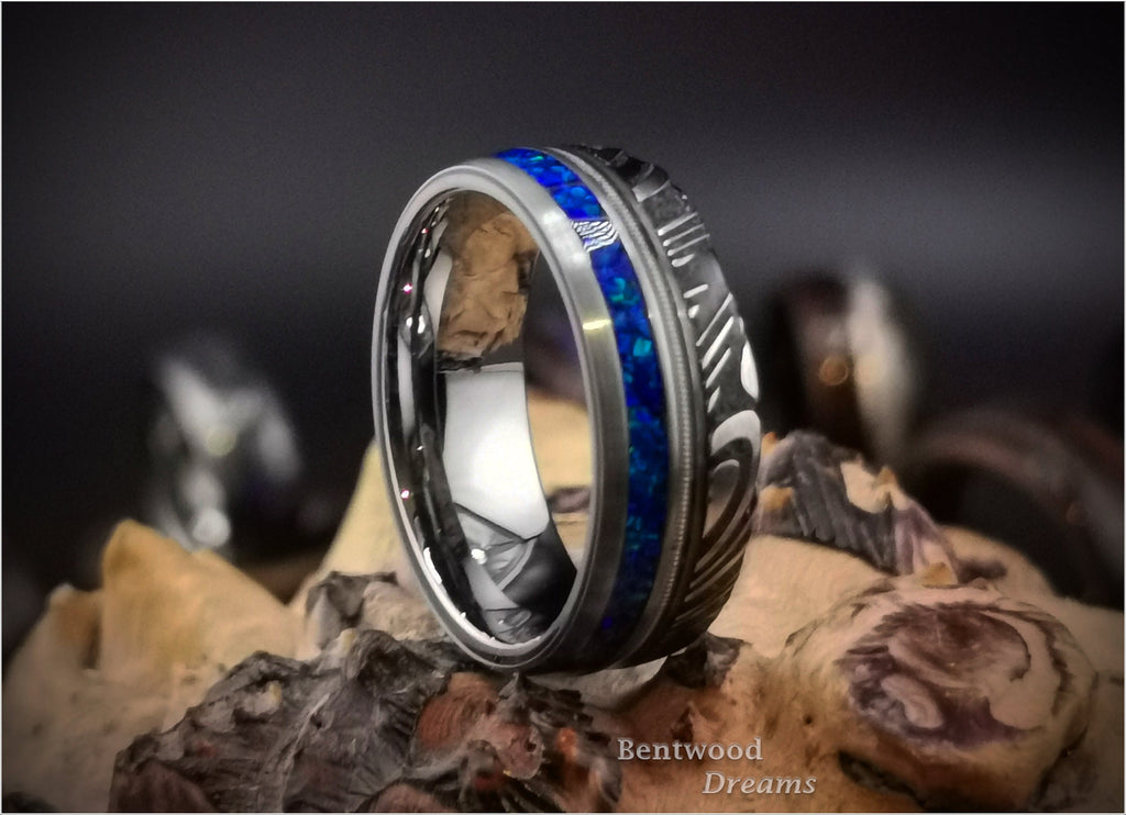 Black Damascus Steel Ring, inlaid Guitar String and Opal