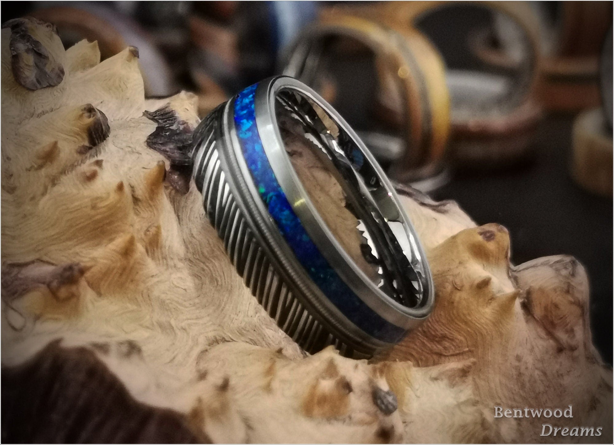 Black Damascus Steel Ring, inlaid Guitar String and Opal