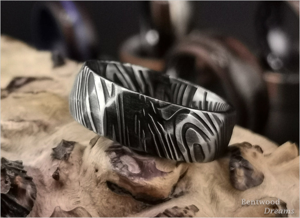 Hammered Black Damascus Steel Ring