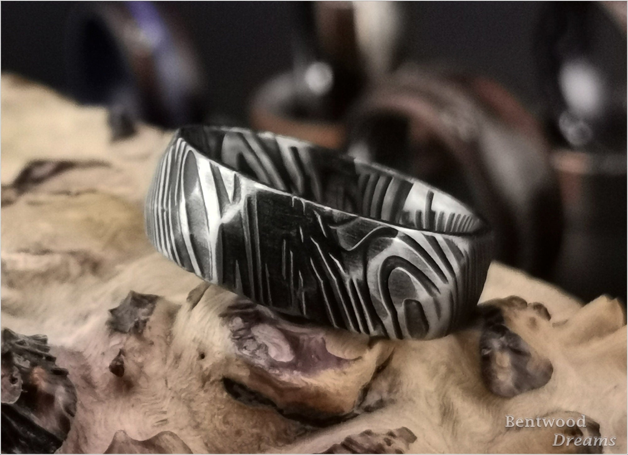 Hammered Black Damascus Steel Ring