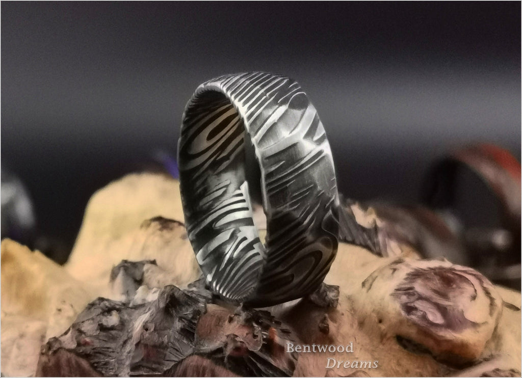 Hammered Black Damascus Steel Ring