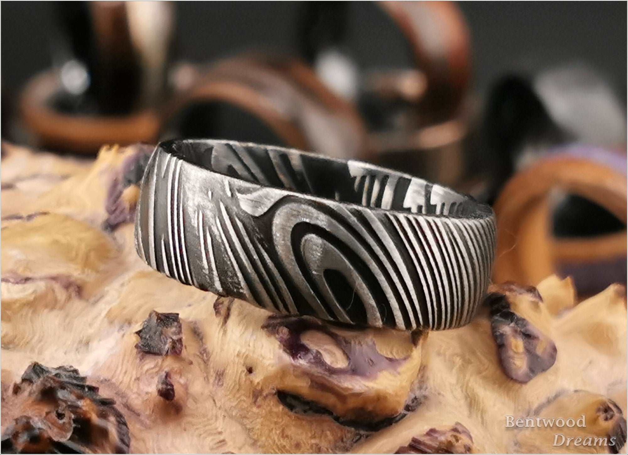 Black Damascus Steel Ring - metal ring