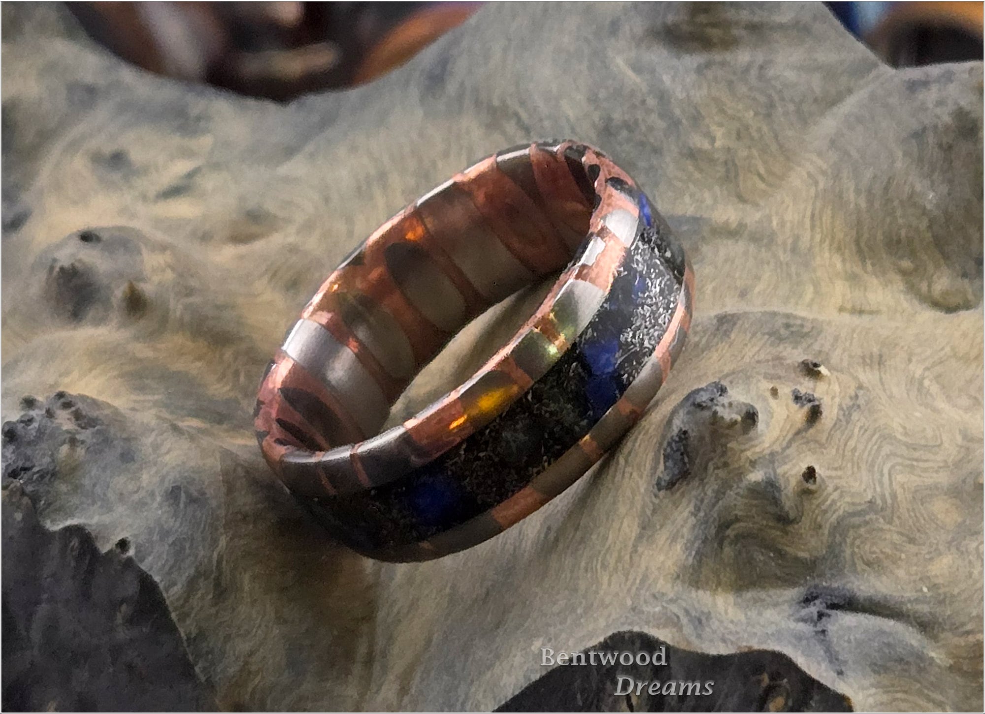 Superconductor Ring: inlaid Meteorite and Ethiopian Welo Opal, Straight-Cut/Large Filament