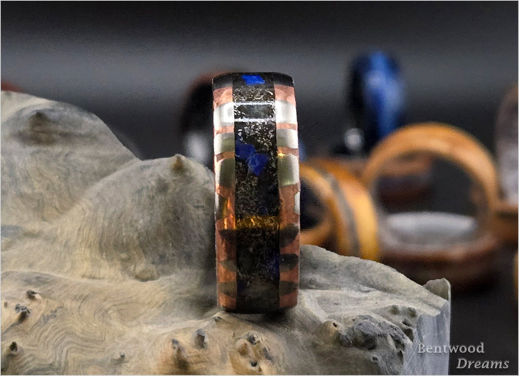Superconductor Ring: inlaid Meteorite and Ethiopian Welo Opal, Straight-Cut/Large Filament