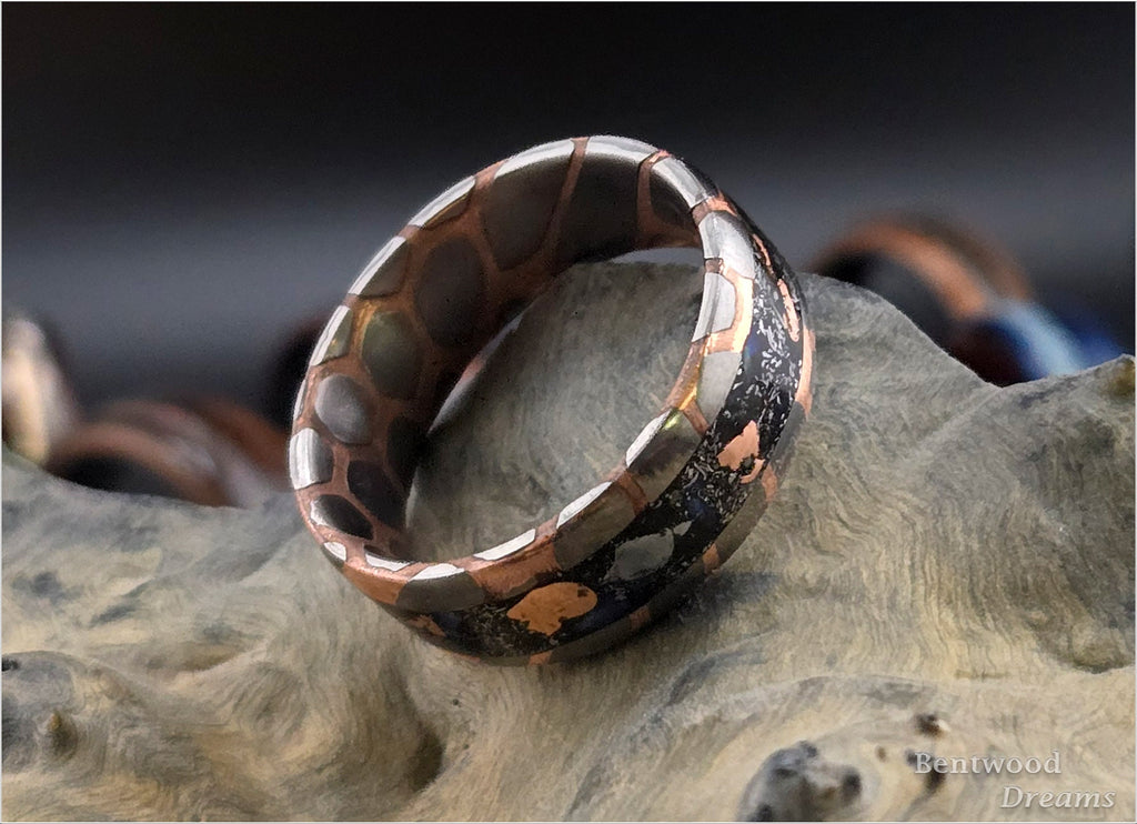 Superconductor Ring: inlaid Meteorite, Keweenaw Copper, and Australian Coober Pedy Opal, Angle-Cut/Large Filament
