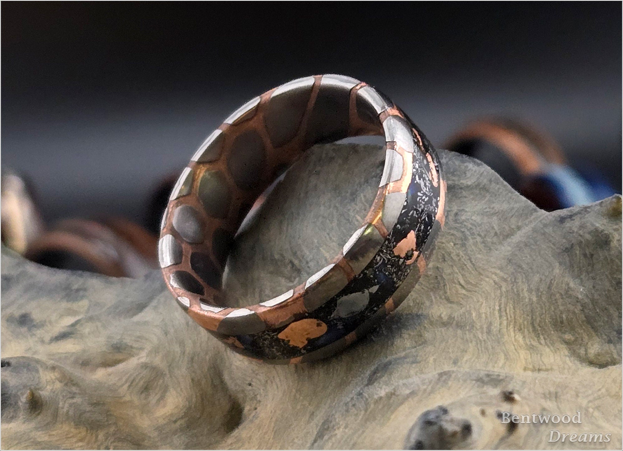 Superconductor Ring: inlaid Meteorite, Keweenaw Copper, and Australian Coober Pedy Opal, Angle-Cut/Large Filament