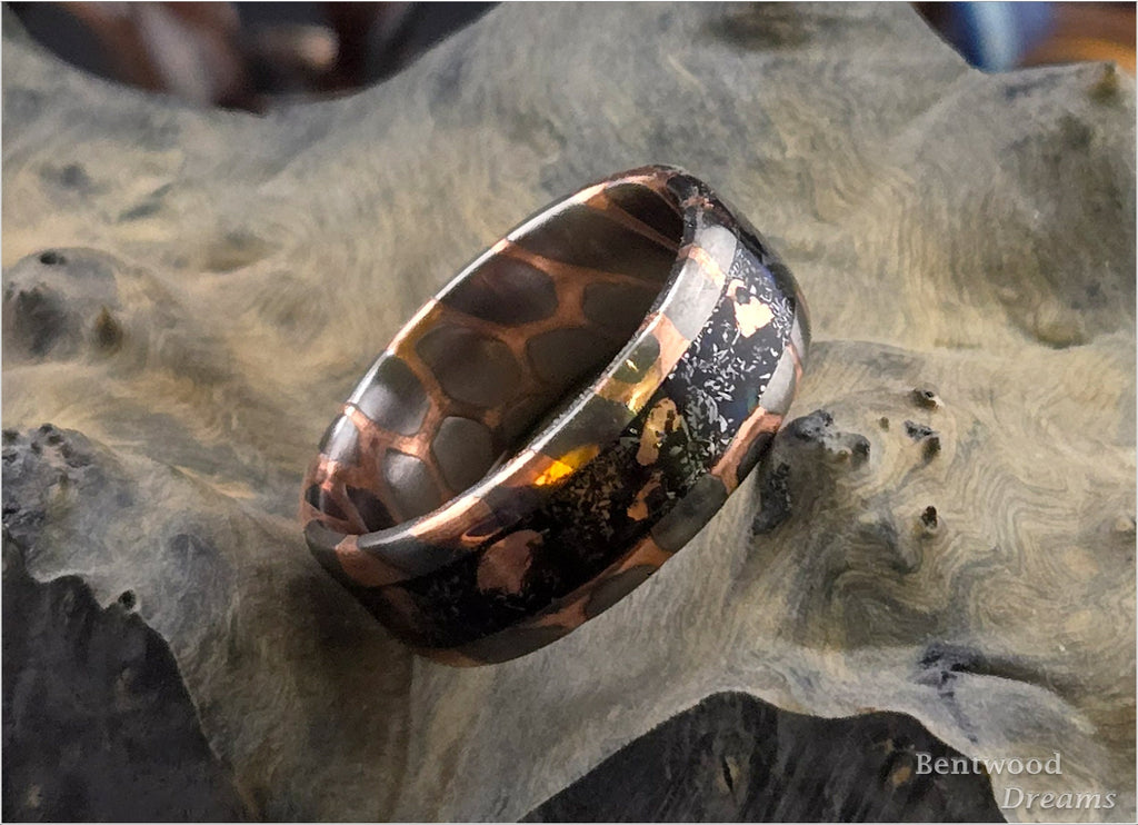 Superconductor Ring: inlaid Meteorite, Keweenaw Copper, and Australian Coober Pedy Opal, Angle-Cut/Large Filament