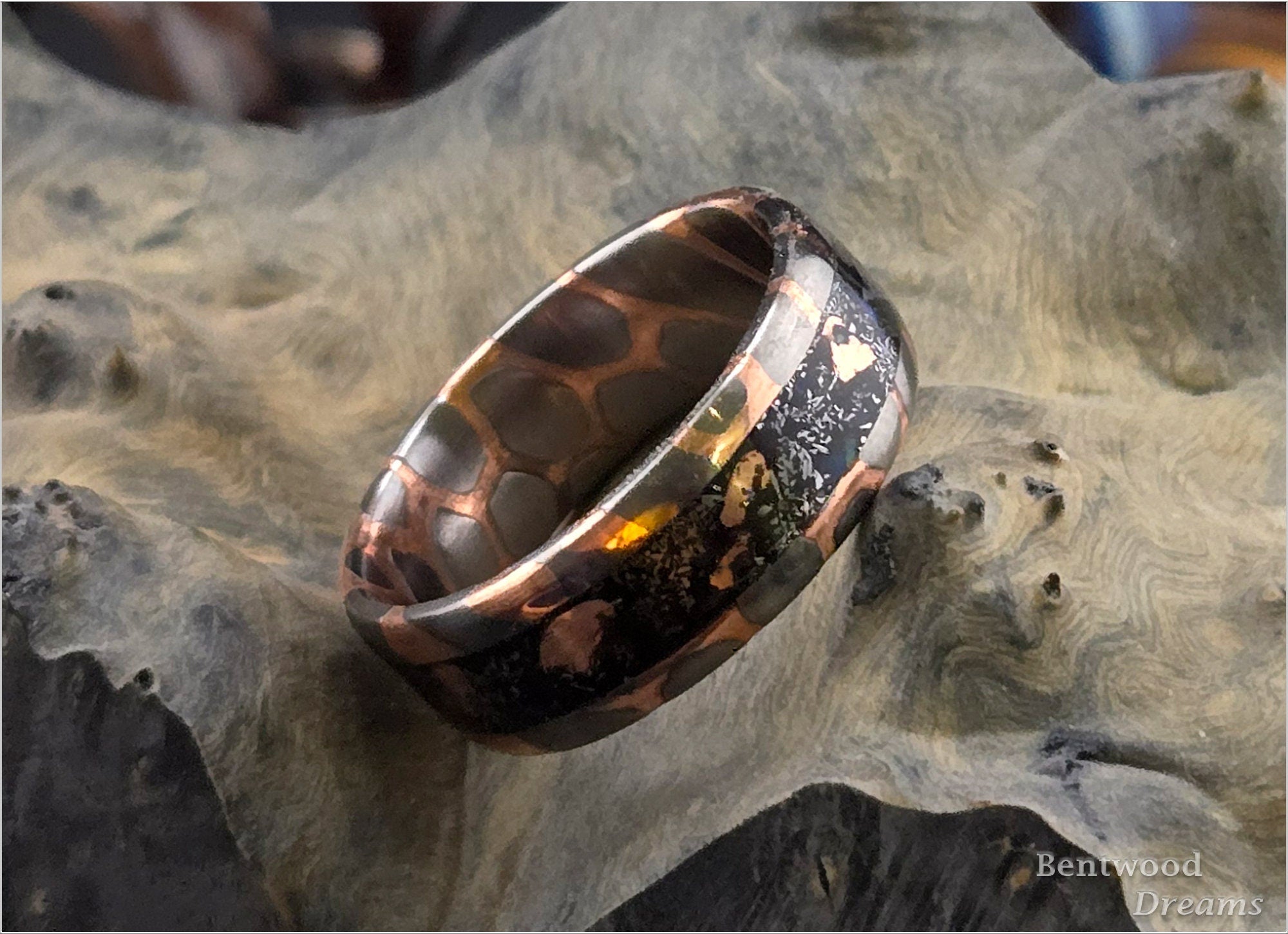 Superconductor Ring: inlaid Meteorite, Keweenaw Copper, and Australian Coober Pedy Opal, Angle-Cut/Large Filament
