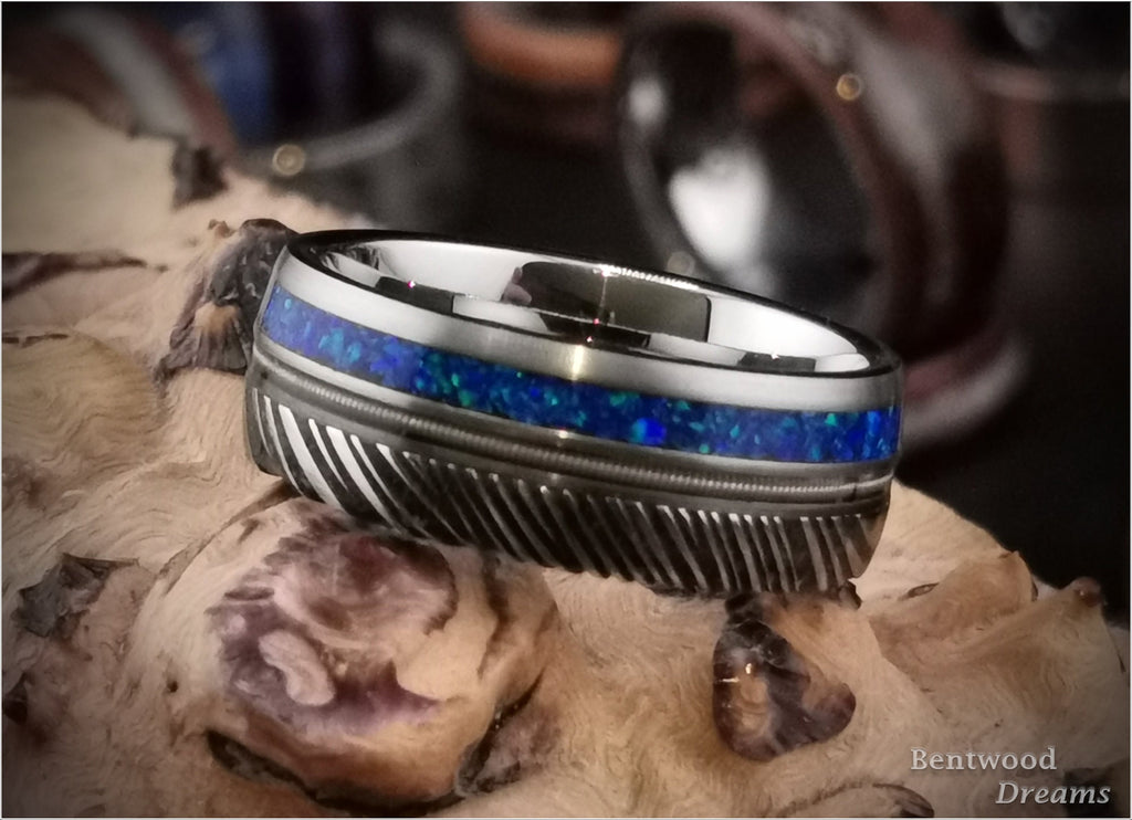 Black Damascus Steel Ring, inlaid Guitar String and Opal