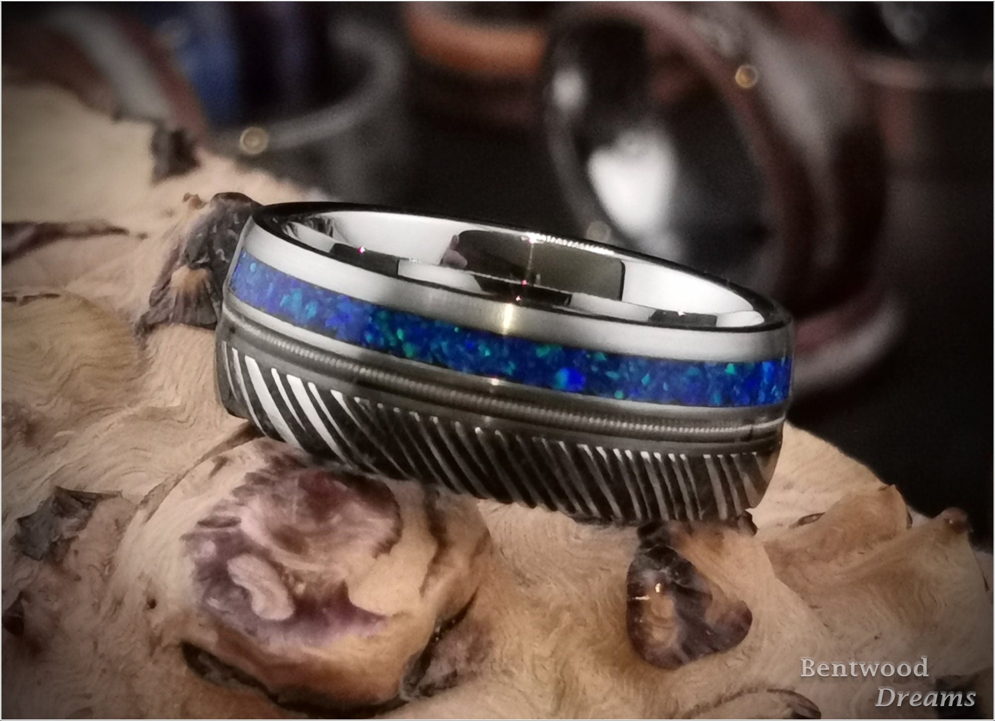 Black Damascus Steel Ring, inlaid Guitar String and Opal
