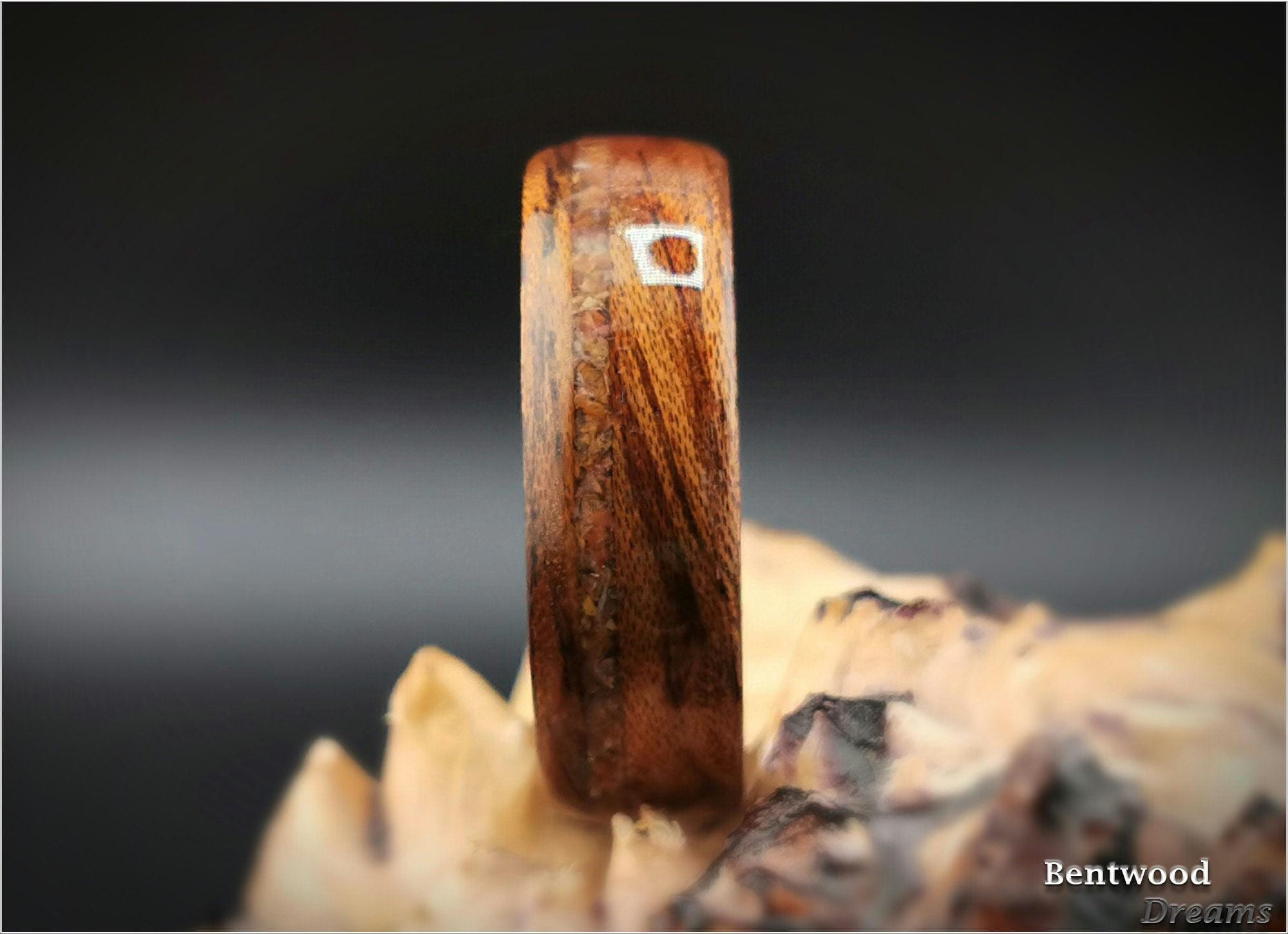 Tiger Etimoe Bentwood Ring: Petrified Wood Inlay, Titanium Core