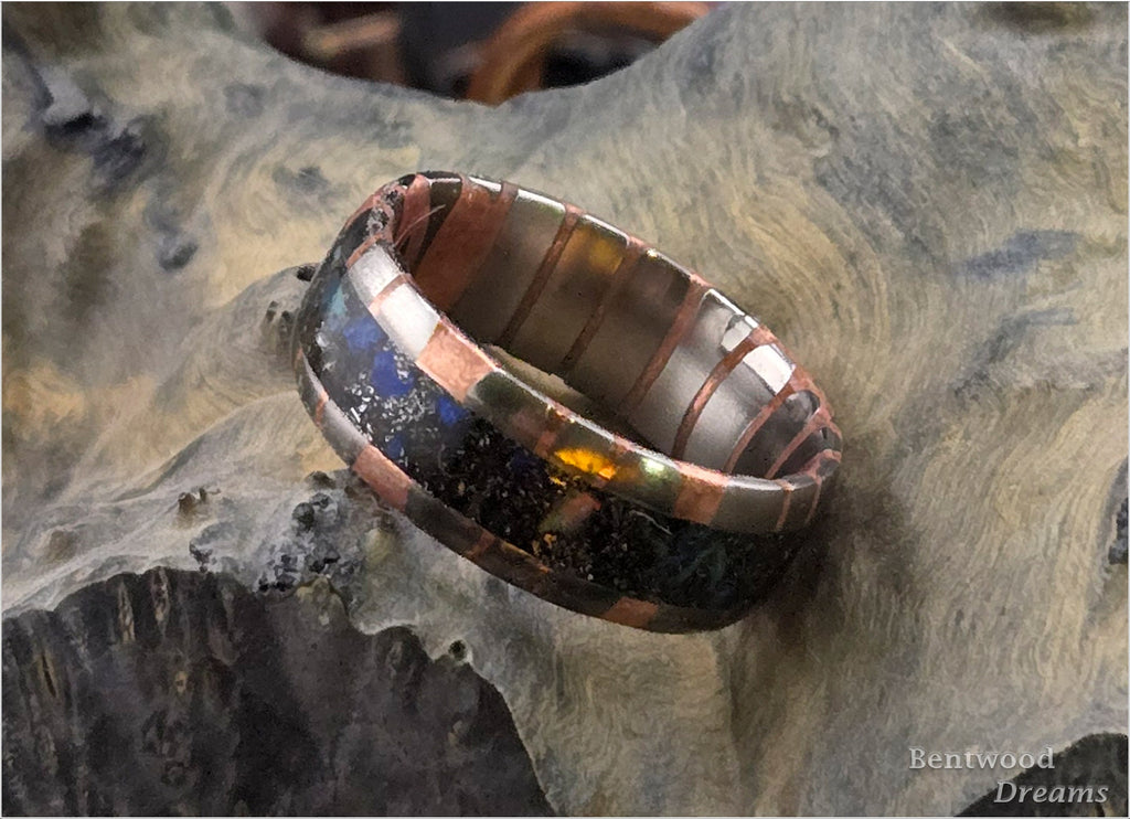 Superconductor Ring: inlaid Meteorite and Ethiopian Welo Opal, Straight-Cut/Large Filament