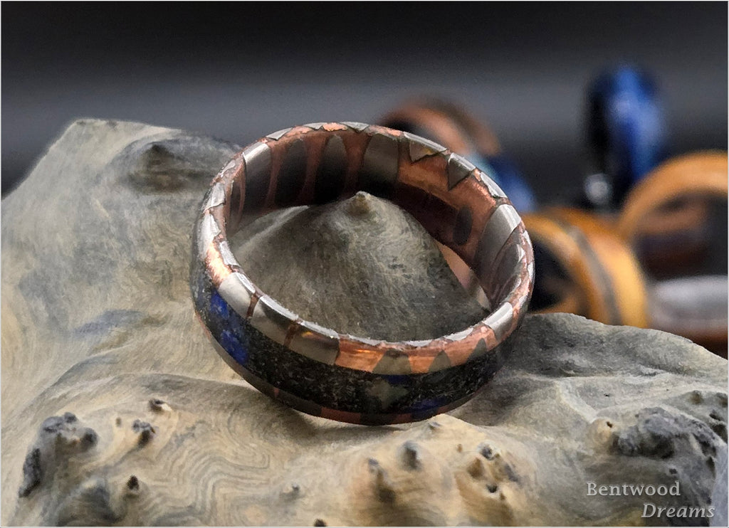 Superconductor Ring: inlaid Meteorite and Ethiopian Welo Opal, Straight-Cut/Large Filament