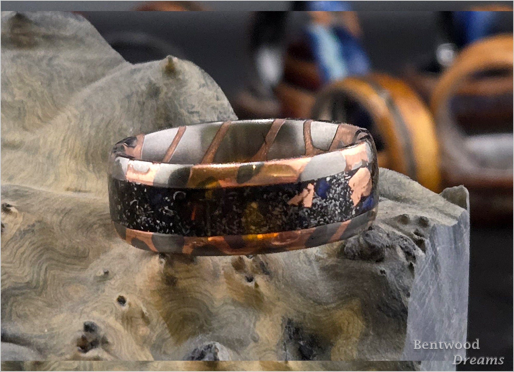 Superconductor Ring: inlaid Meteorite, Keweenaw Copper, and Australian Coober Pedy Opal, Angle-Cut/Large Filament