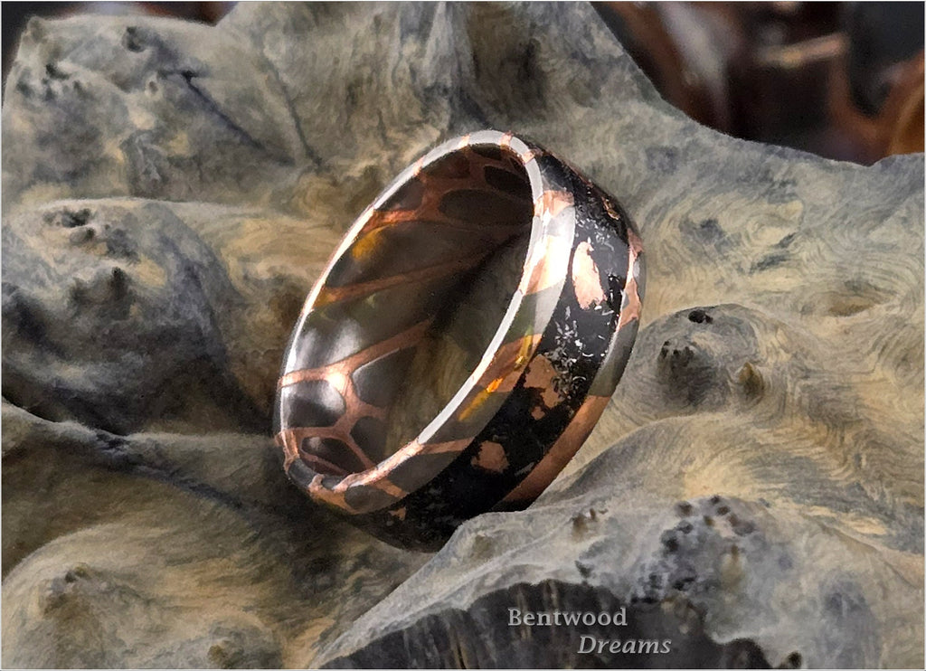 Superconductor Ring: inlaid Meteorite, Keweenaw Copper, and Australian Coober Pedy Opal, Angle-Cut/Large Filament