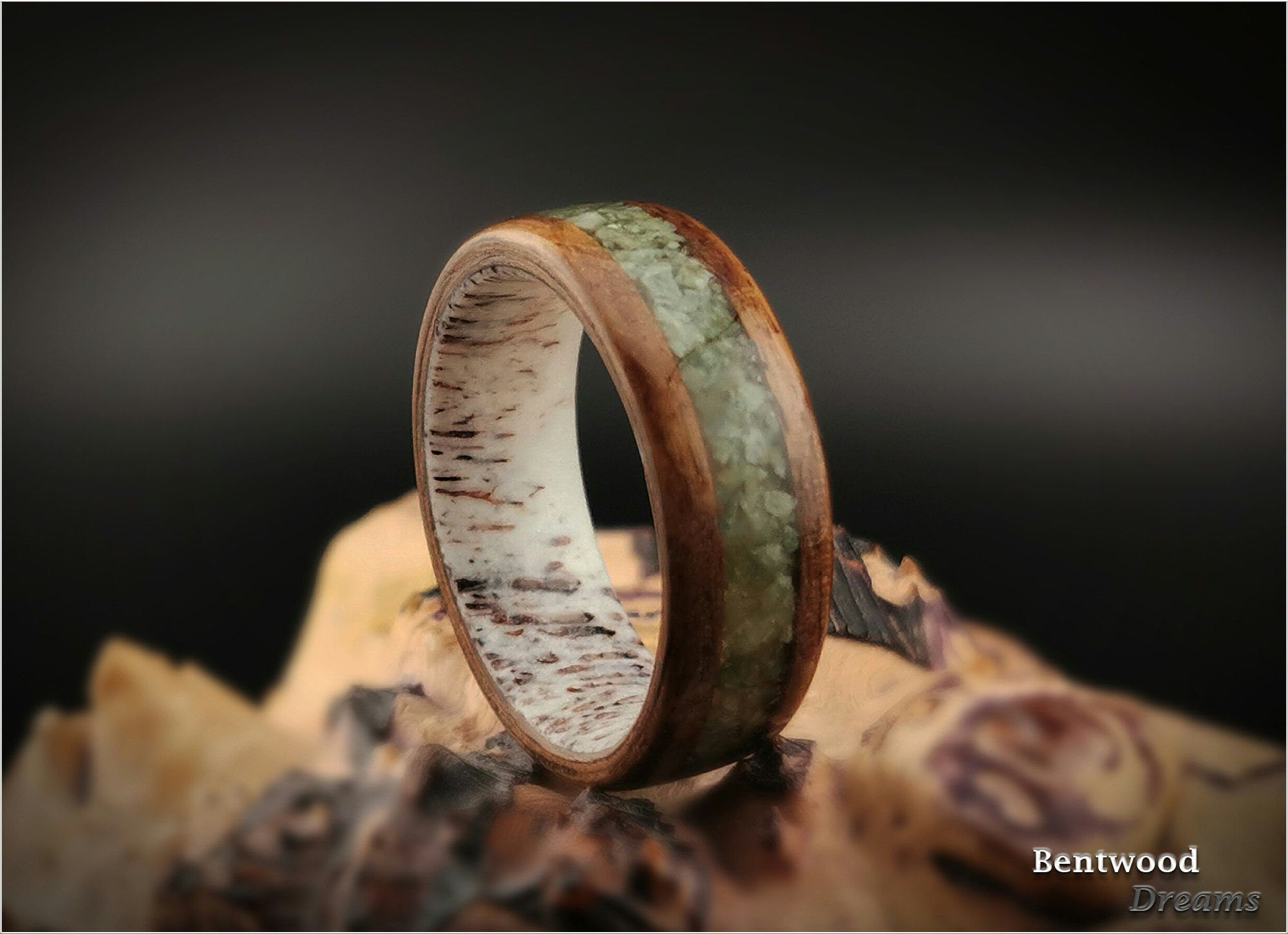 Bentwood Ring: Circassian Walnut, inlaid Vesuvianite (Californite), Deer Antler core, wood ring