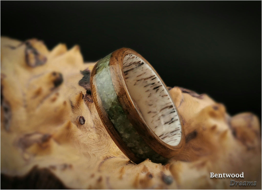 Bentwood Ring: Circassian Walnut, inlaid Vesuvianite (Californite), Deer Antler core, wood ring