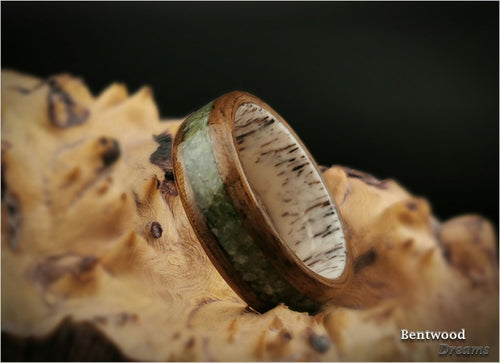 Bentwood Ring: Circassian Walnut, inlaid Vesuvianite (Californite), Deer Antler core, wood ring