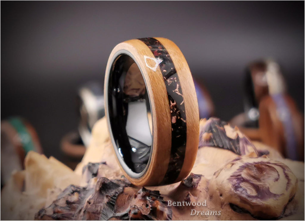Wild Cherry Bentwood Ring: Black Ceramic Core, Copper Tru-Stone Inlay