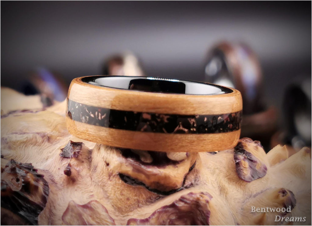 Wild Cherry Bentwood Ring: Black Ceramic Core, Copper Tru-Stone Inlay